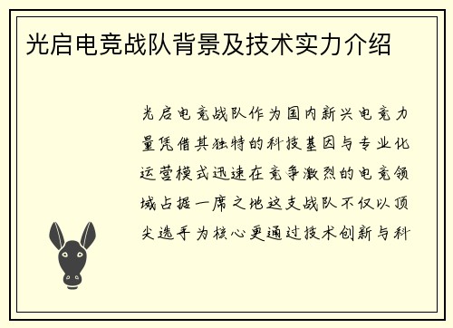 光启电竞战队背景及技术实力介绍