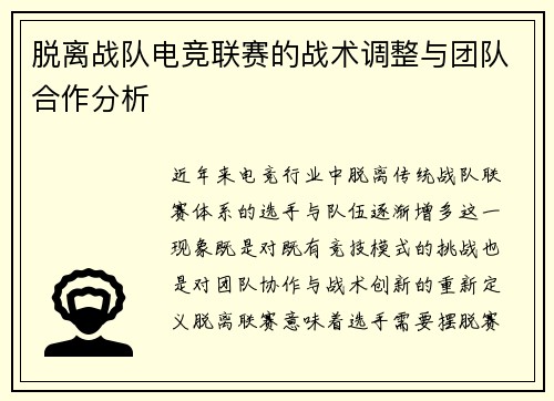 脱离战队电竞联赛的战术调整与团队合作分析