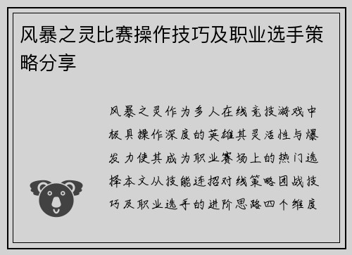 风暴之灵比赛操作技巧及职业选手策略分享