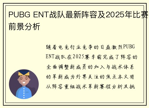 PUBG ENT战队最新阵容及2025年比赛前景分析