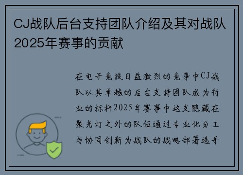 CJ战队后台支持团队介绍及其对战队2025年赛事的贡献